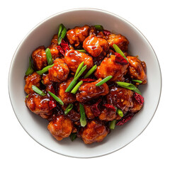 Delicious Sweet and Sour Chicken with Green Onions and Dried Red Peppers in a Bowl on transparent background