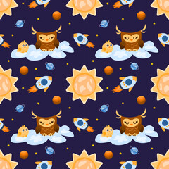 Seamless vector pattern with cute owls, rockets, planets, stars, and suns on a dark background. Perfect for kids’ designs, textiles, and wallpapers.
