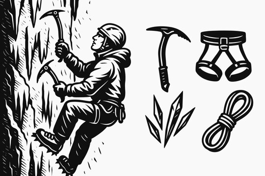 Ice Climber Adventure. Horizontal composition showing ice climber scaling frozen wall and extreme sport icon set for ice axe,