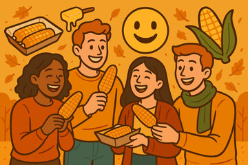 Autumn Snack Gathering. Bright banner portraying friends sharing roasted corn and autumn snack icon set for paper tray, butter