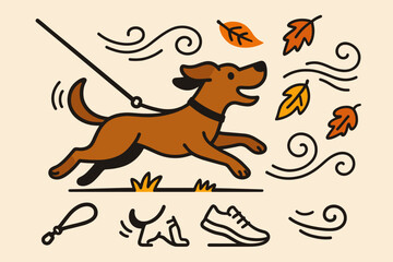 Dog Chasing Leaves. Creative vector layout with dog chasing leaves in the wind and active walk icon set for leash, tail wag,