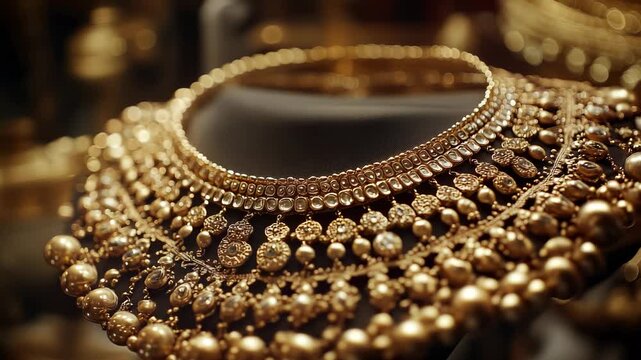 Gold jewellery on display. Gold ornate jewelry necklace. Elegant gemstones in a fashion design. Jewellery made of gold showcased lifestyle.