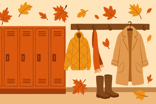 Autumn School Hallway. Horizontal vector banner showing autumn school hallway with lockers, leaf decorations, boots and coats hung
