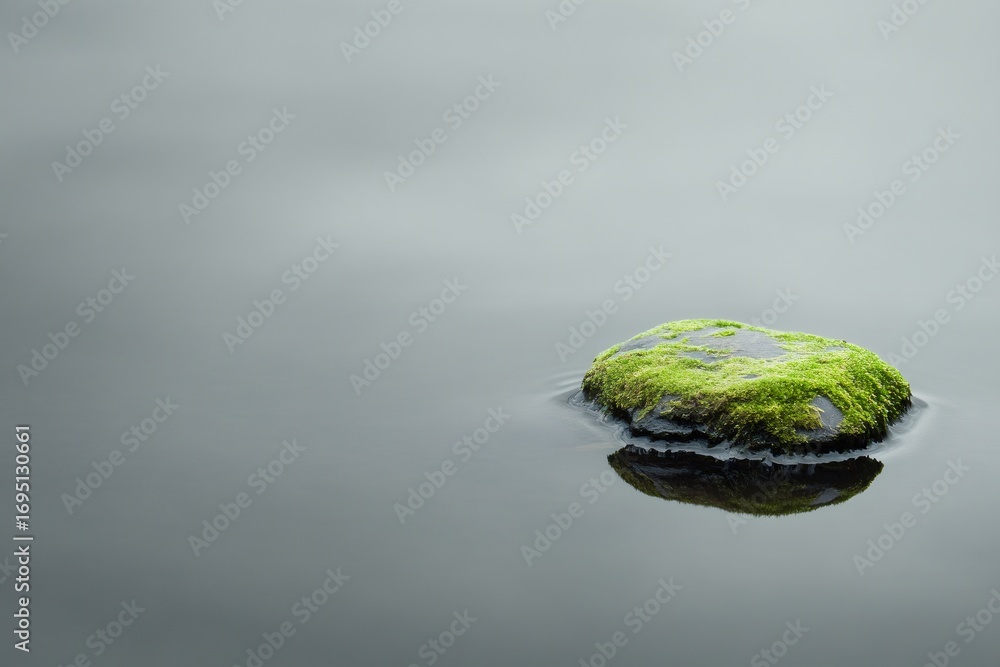 Poster green moss growing on a rock partially submerged in still water, creating a tranquil and minimalist 