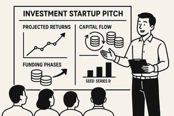 Startup Investment Pitch. Vector layout of investment startup pitch — presenter showing projected returns, capital flow and