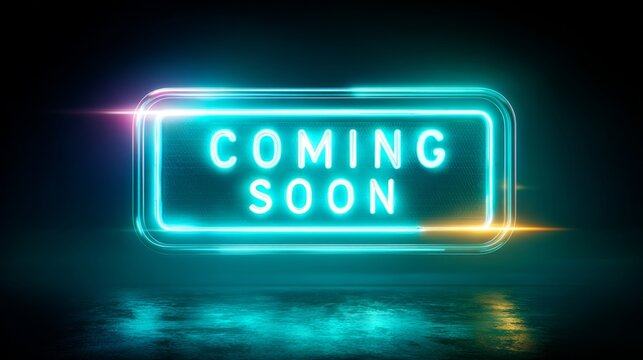 Futuristic glowing COMING SOON sign with blue neon frame and reflection on wet floor - Powered by Adobe