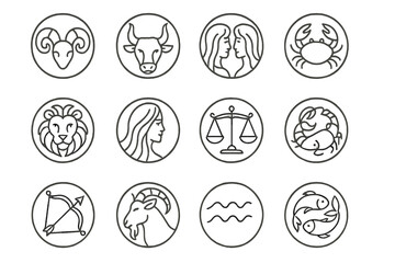 Zodiac Icon Stamps. Line style icons of zodiac stamps: Aries horn, Taurus bull, Gemini twins, Cancer crab; Leo mane, Virgo figure,