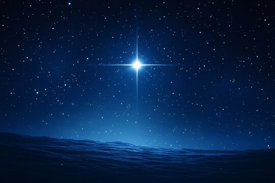 Bright north star shining brilliantly over a vast, empty snowy landscape, casting a serene glow across the tranquil night sky