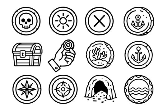 Pirate Treasure Icons. Line style icons of pirate treasure coins: skull-etched coin, golden doubloon, X-map marker, sea-worn