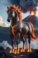 Magma Horse: Fierce Fantasy Horse on Fire with Volcano Background