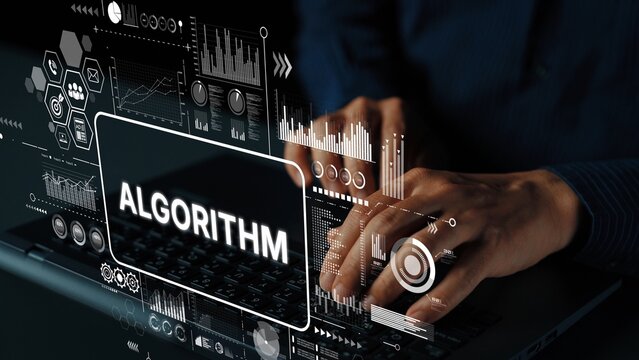 Hands Typing on Laptop with Algorithm Graphics and Data Visualization Elements on Screen. Asymptotic smart data analytic.