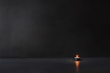 Small round candle flame glowing softly in a dark interior, casting a warm ambiance against a stark black wall, inviting tranquility