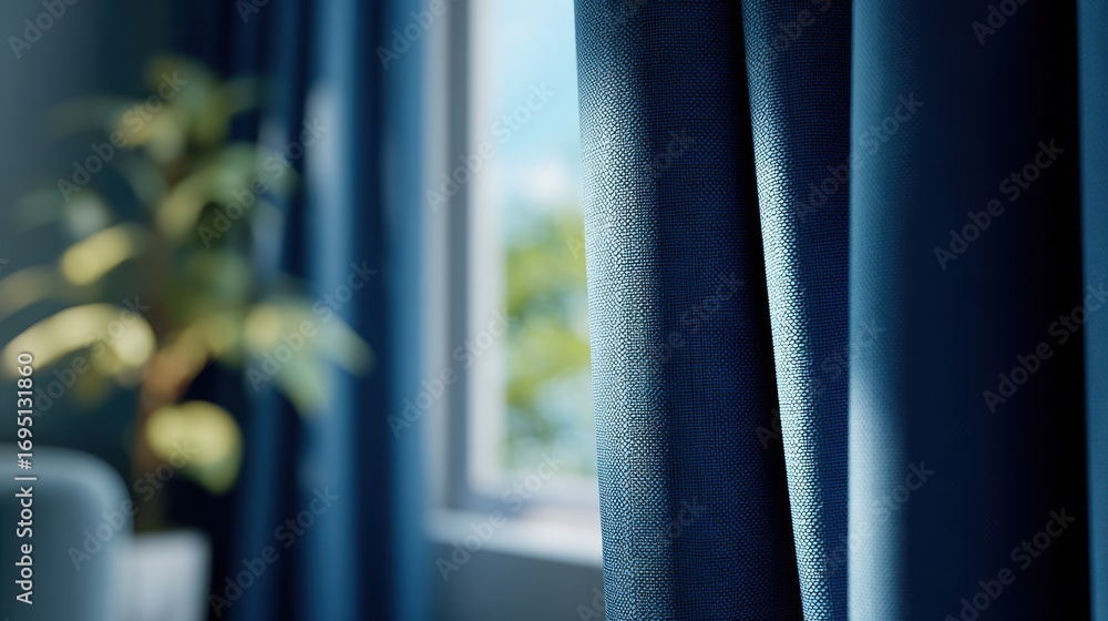 Poster Closeup of deep blue smart curtains in a medium shot AI sensors detecting sunlight to smoothly alter position fabric detail crisp against an intentionally blurred room backdrop.