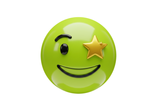 Isolated green emoji winking and smiling with a gold star for an eye expressing approval