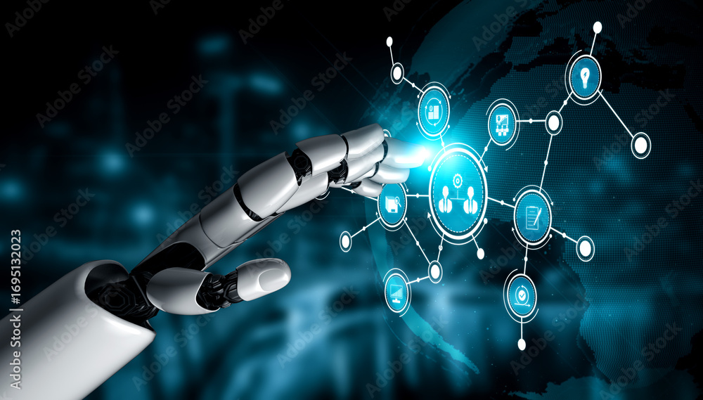 Poster a futuristic robotic hand interacts with a digital interface, symbolizing advanced technology and co