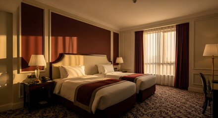 Luxurious Hotel Bedroom Revealing Serene Ambiance With Twin Beds And Morning Sunlight