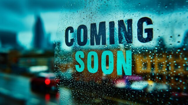 COMING SOON text written on wet glass with blurred rainy city background