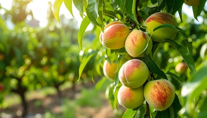 Peaches hanging on a branch in a sunny orchard