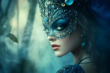 Close up portrait of a mysterious woman wearing an ornate venetian carnival mask and elegant blue dress, creating an enigmatic and captivating atmosphere