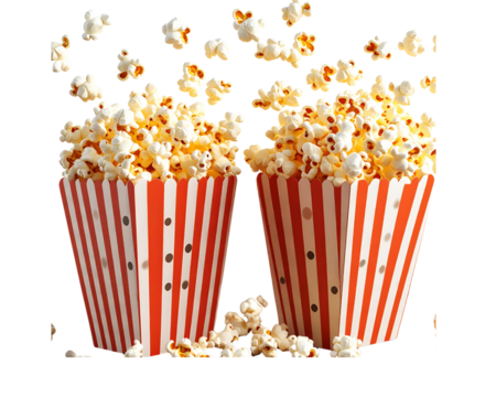 ]Twin Popcorn Boxes with Flying Kernels and Wood Texture Base, Transparent PNG Background