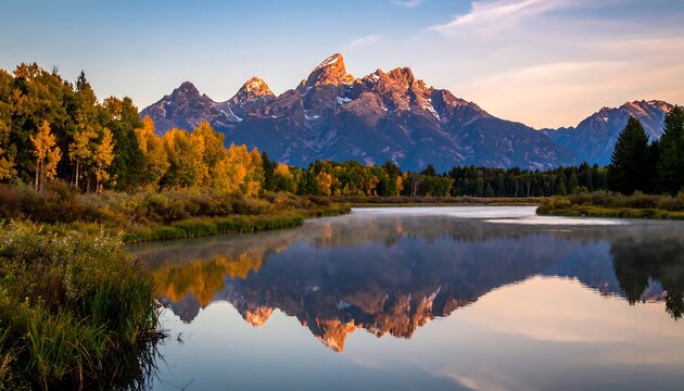 Sunrise reflection on a serene mountain lake