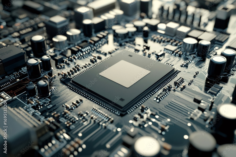 Poster modern central processing unit on a circuit board surrounded by electronic components, representing 