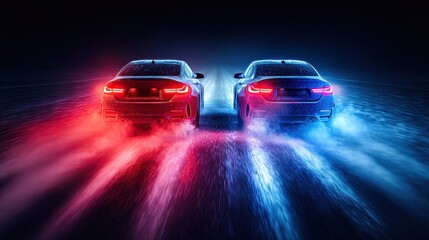 Two fast sports cars race down a neon-lit street at night, leaving dramatic vapor trails.