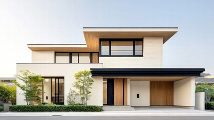 Fototapeta premium A modern house with clean lines and wooden accents under a clear, blue sky.