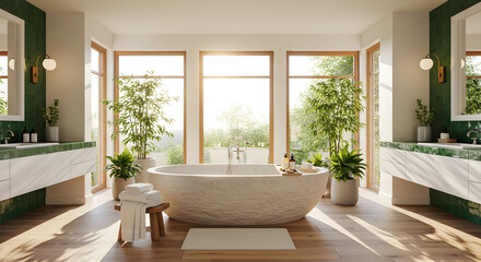 Fototapeta premium Luxurious, Tranquil Bathroom with Natural Light and Zen-Inspired Design Elements