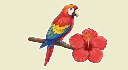 Obraz premium Vibrant parrot perched beside red flower on isolated white background