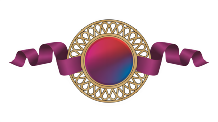 Elegant gold circular frame with purple ribbons ideal for logos awards or certificates