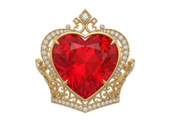 A magnificent gold crown encircles a large, heart-shaped ruby, sparkling with diamonds, set against a black backdrop.