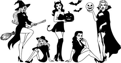 Obraz premium Halloween Pin-Up Vector Collection – Retro Witch, Devil Girl with Jack o Lantern, Vampire Beauty, Spooky Vintage Character Set