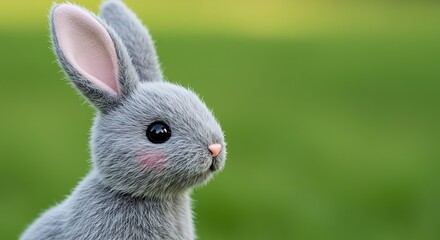 Close up portrait of a gray plush rabbit with pink nose and cheeks on a blurred green background