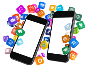 two 3D Smartphones with Floating Colorful App Icons, Transparent PNG background