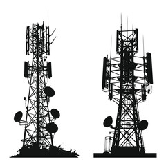 Two Tall Communication Towers Silhouettes Against White Background Representing Network Infrastructure