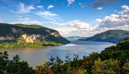 Naklejka premium Panoramic view of a tranquil river winding through lush mountains under a vibrant blue sky.