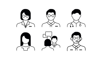 Communication and Professional Icons Set, Customer Service and Business Avatars, Healthcare and Support Icons,
