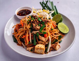 Plate of stir-fried noodles with chicken, tofu, and vegetables