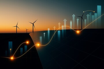 Renewable Energy with Wind Turbines, Solar Panels, and Financial Growth Chart Overlay.