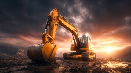 A vibrant yellow excavator is captured at sunset, set against an impressive mountain backdrop and dramatic sky.