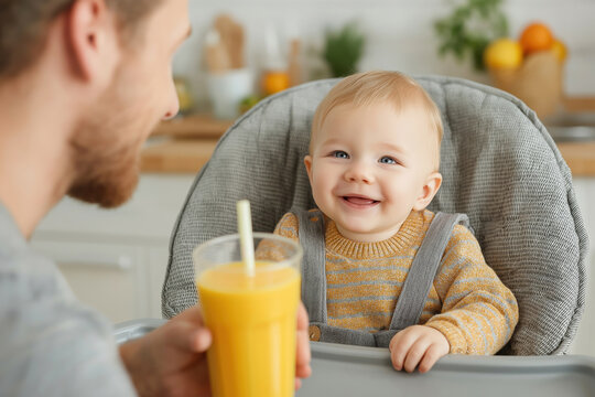 Father shares a joyful moment with his smiling baby during snack time