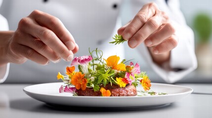 A chef adds a final touch to a beautifully decorated dish with flowers.