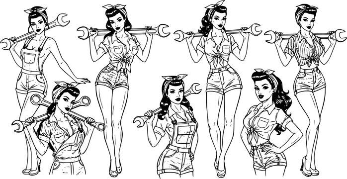 Mechanic pin-up girls collection, vintage grease-girl beauties holding wrenches, retro tough woman vector illustration set