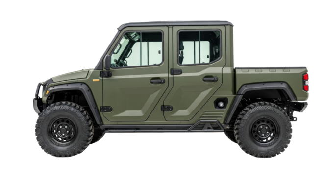Robust matte olive green 4x4 off-road utility vehicle with knobby tires, industrial rims, and rock sliders, on a transparent studio background, conveying rugged adventure concept