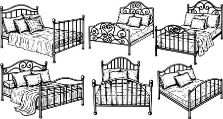 Naklejka premium Vintage wrought iron bed set with soft pillows, cozy hand drawn furniture engraving, retro bedroom sketch vector illustration
