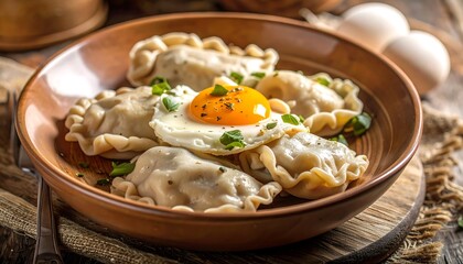 Pierogi with fried egg