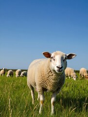 Obraz premium A group of sheep is scattered across a vibrant green pasture. The blue sky overhead is clear, creating a serene and peaceful setting for these grazing animals