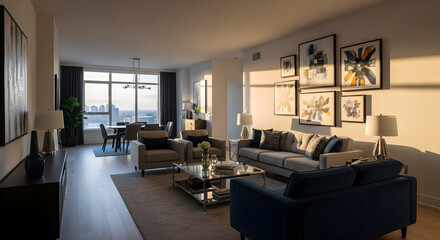 Luxury modern living room interior design with city view and multiple artworks