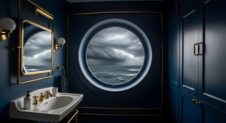 Luxury nautical bathroom design with a dramatic stormy ocean view from a round window